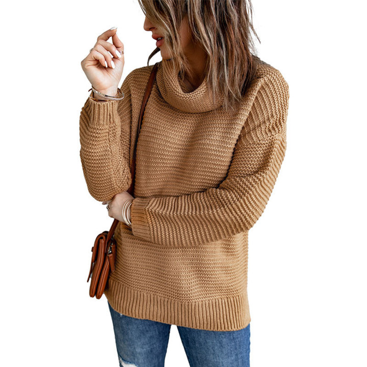 Sweater Women's Solid Color Turtleneck Long Sleeve Slit Hemline At Hem Thermal Knitting Top Women