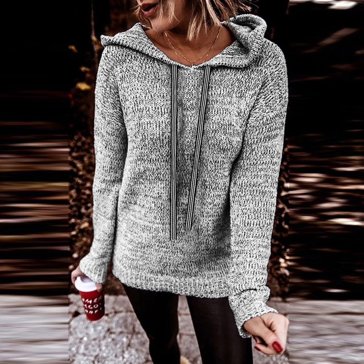 Solid Color Knitted Sweater Women's Casual Loose Long-sleeved Hooded Top