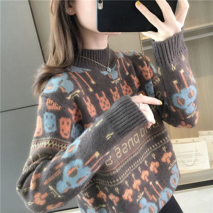 Women's Sweater High-necked Western Style Jacquard Idle Pullover Coat