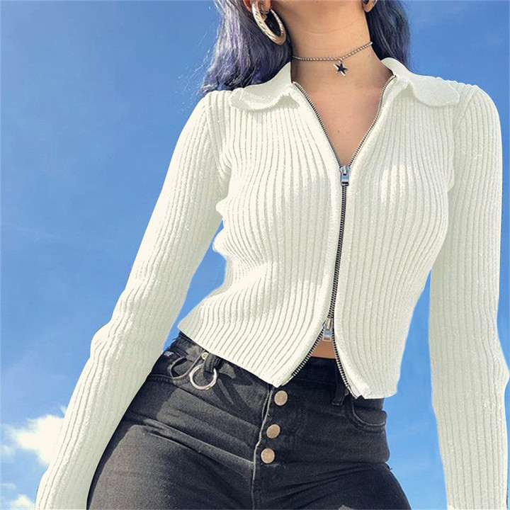 Knitted Bottoming Shirt Sweater Zip-up Turtleneck Top For Women