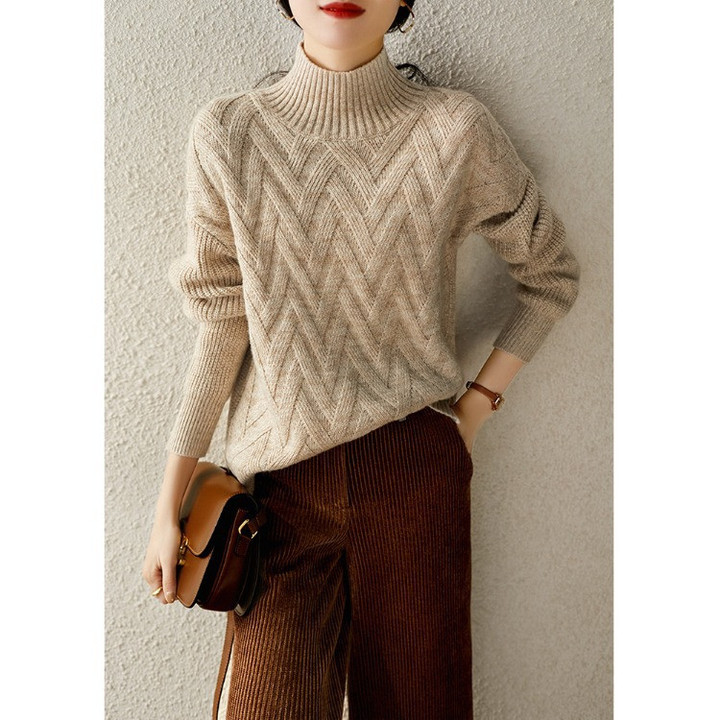 Lazy Casual Bright Silk Interwoven Twisted Wool-like Half-turtleneck Sweater Women's