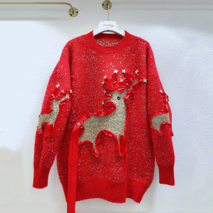 Winter Christmas Elk Bright Silk Heavy Industry Long Loose Sweater Red Thick Women