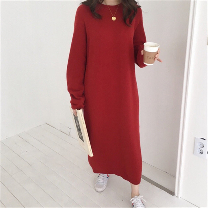 Women's Korean Chinese Red Round Neck Woolen Skirt Loose Long Below The Knee Oversized Knit Sweater