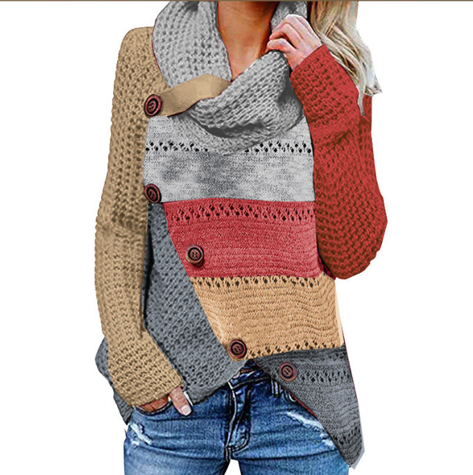 Women's Warm Color Matching Turtleneck Knitting Sweaters Clothing Long-sleeved Breasted Top