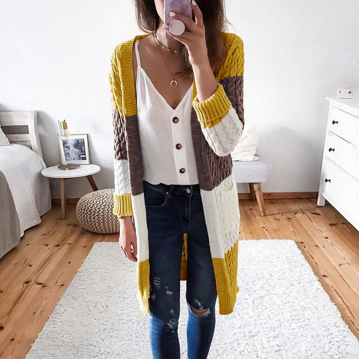 Knitted Shirt Striped Stitching Contrast Color Twist Cardigan Sweater For Women
