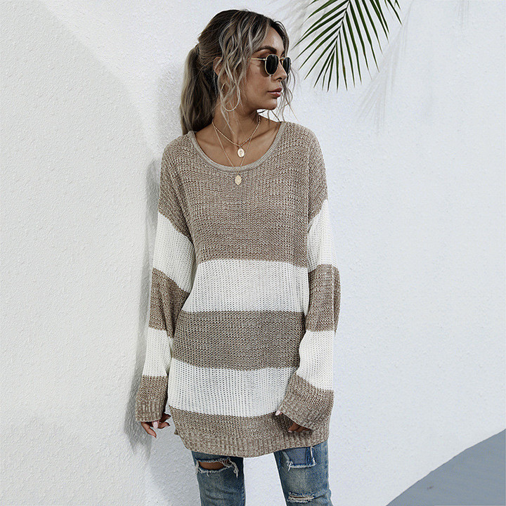 Striped Color Matching Inner Wear Sweater Women's Mid-length Pullover