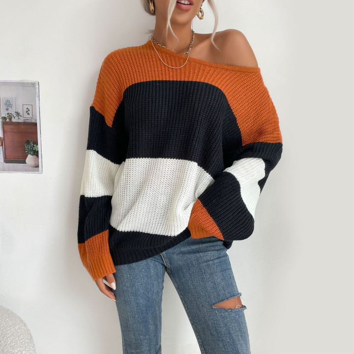 Autumn Women Clothing Contrast Color Round Neck Knitted Inner Match Pullover Sweaters