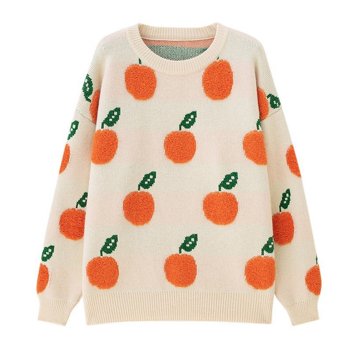 Casual Loose Orange Pattern Round Neck Long Sleeve Knitted Pullover Sweater Women