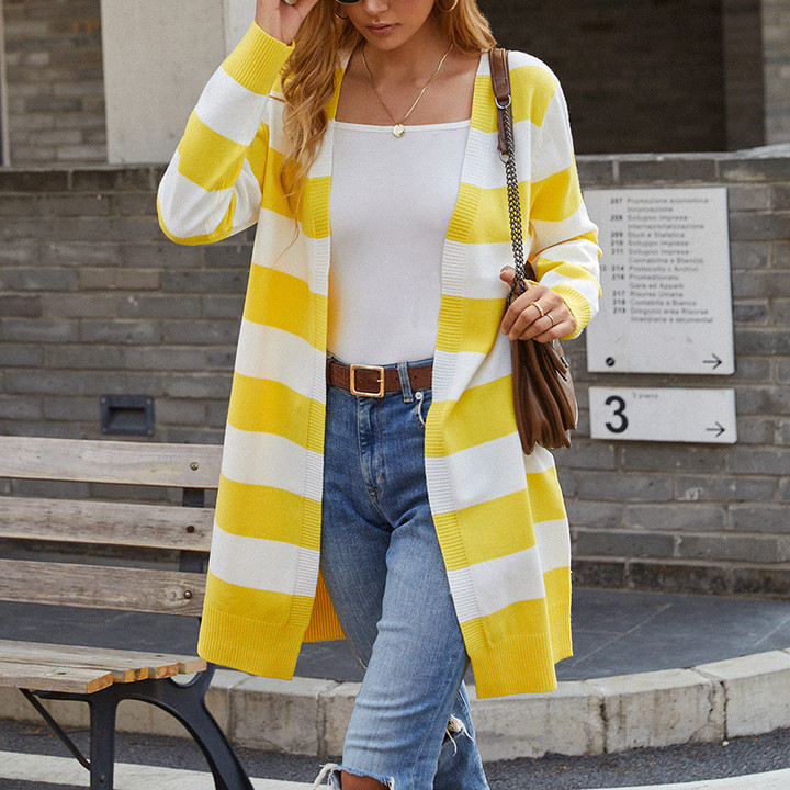 Autumn Knitwear Long Contrast Color Striped Cardigan Sweater For Women