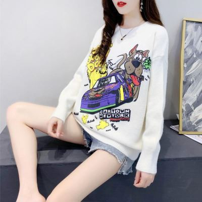 Christmas Style Knitted Cartoon Car Long-sleeved Sweater For Women