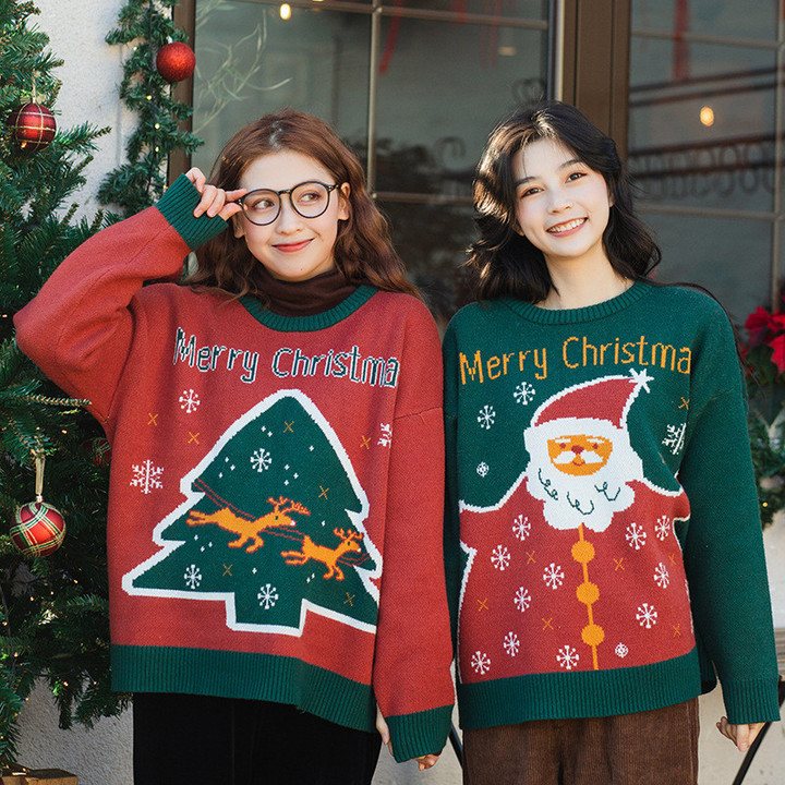 Hong Kong Style Round Neck Sweater Women's Loose Couple Idle Christmas Girlfriends Thick