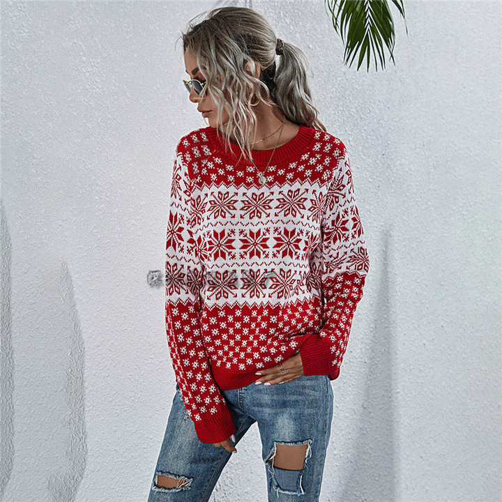 Christmas Sweater Women Snowflake Knitted Loose Long Sleeve Pullover Round Neck