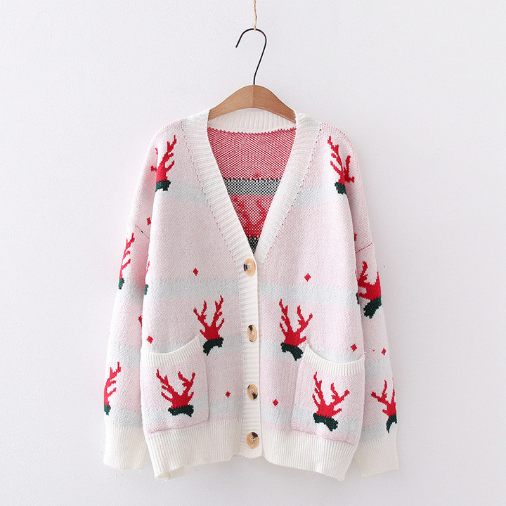 Christmas Deer Sweater Women's Loose Knitted Cardigan Fashionable Long Sleeve Coat