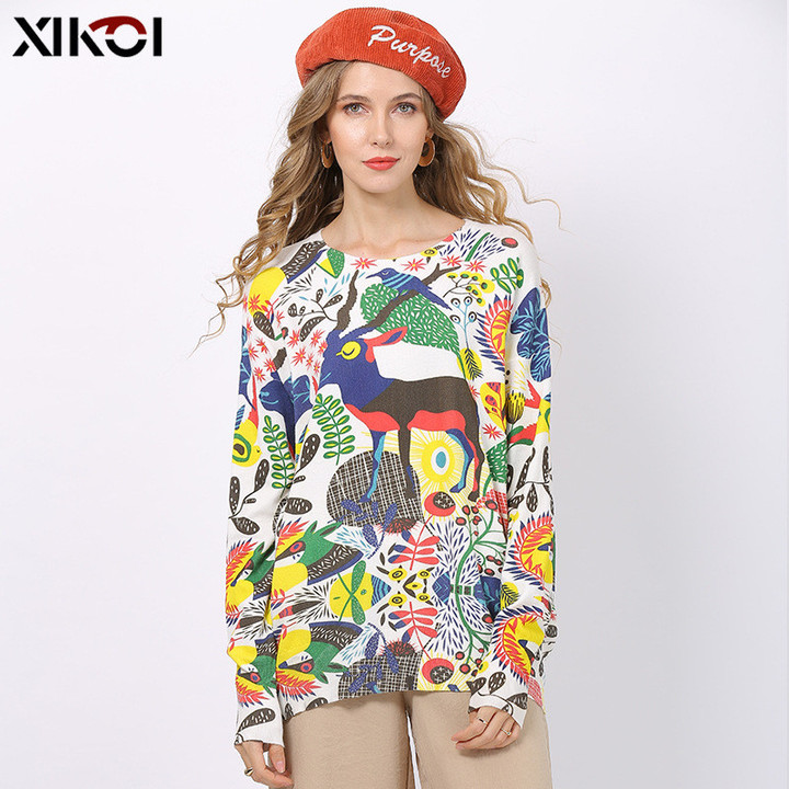 Autumn Digital Printing Elk Round Neck Long Sleeve Sweater Mid-length Loose For Women