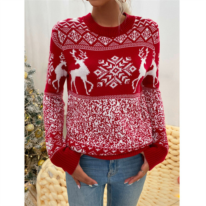 Fashion Christmas Style Knitted Round Neck Elk Long Sleeve Sweater Top