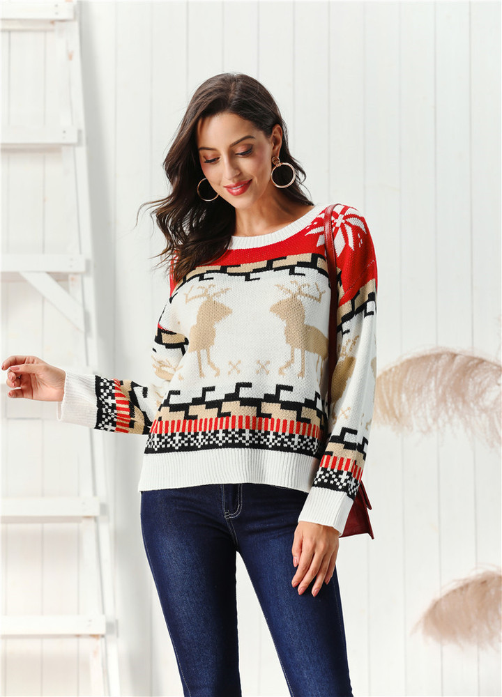 Christmas Crew Neck Pullover Sweater Women's Snowflake Elk Loose Slimming Top