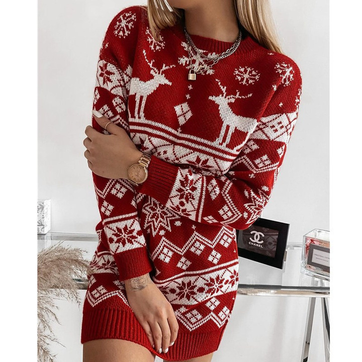 Christmas Theme Women's Sweater Elk Snowflake Jacquard Knitted Dress