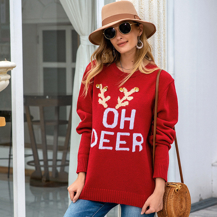 Women's Christmas Long Sleeve Pullover Knitted Letter Bell Round Neck Holiday Sweater