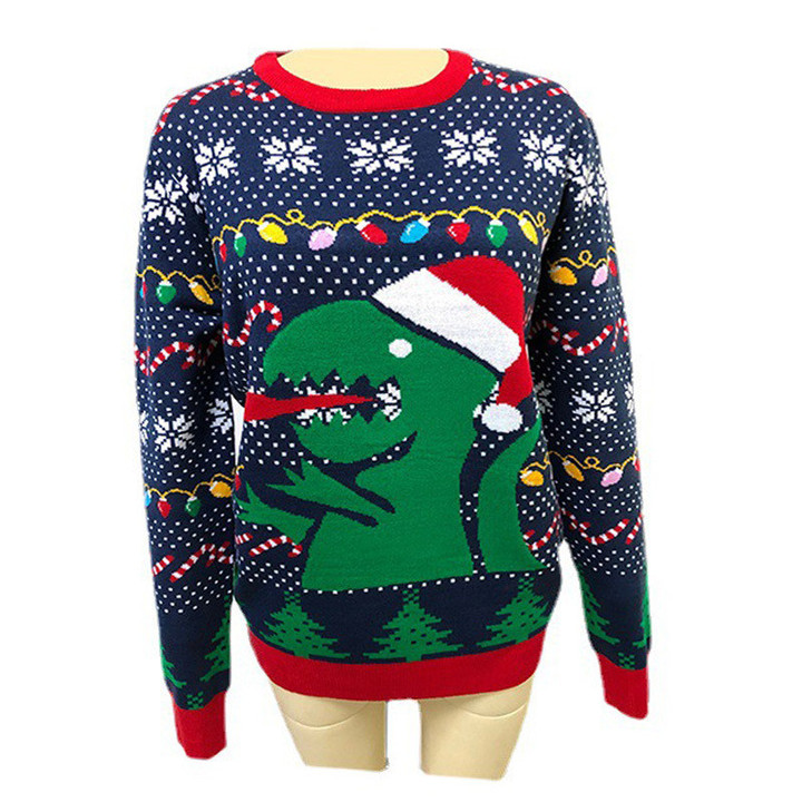 Christmas Sweater Men's And Women's Jacquard Dinosaur Loose Round Neck Pullover Snowflake