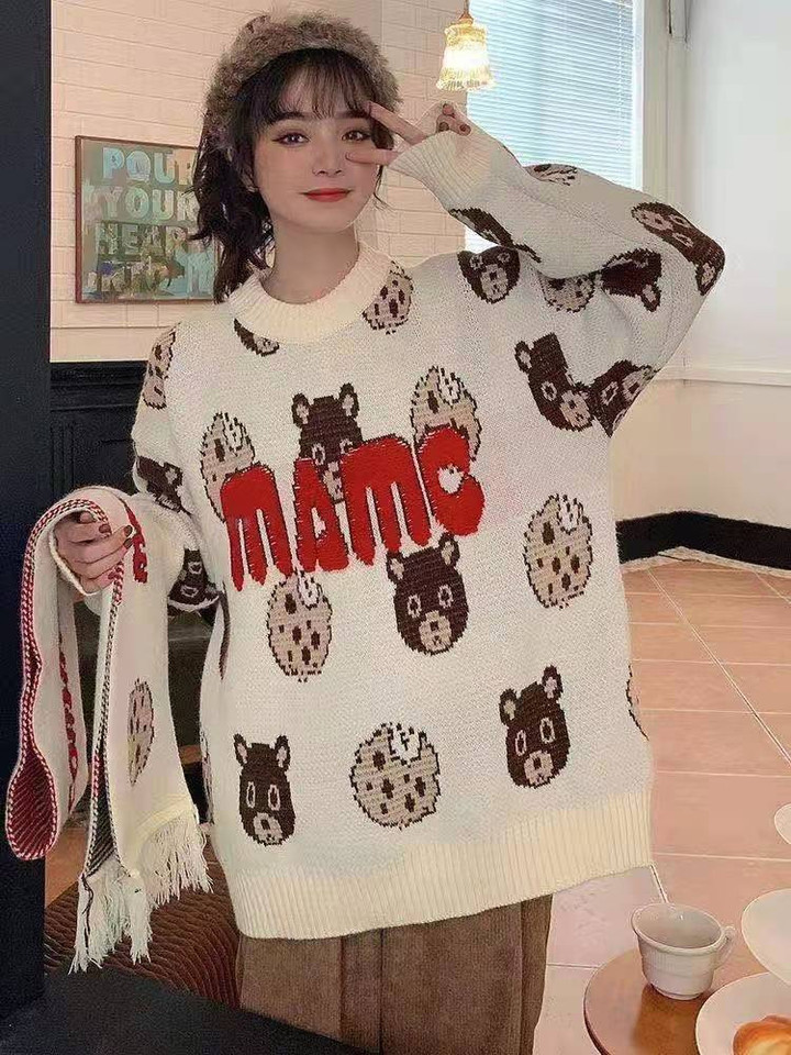 Women 's Loose Outer Wear Western Style Fashion Tops Mid-length Christmas Bear Sweater