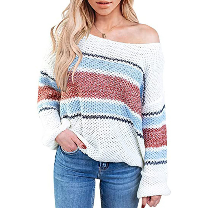 Loose Round Neck Knitted Bottoming Shirt Contrast Color Pullover Striped Sweater