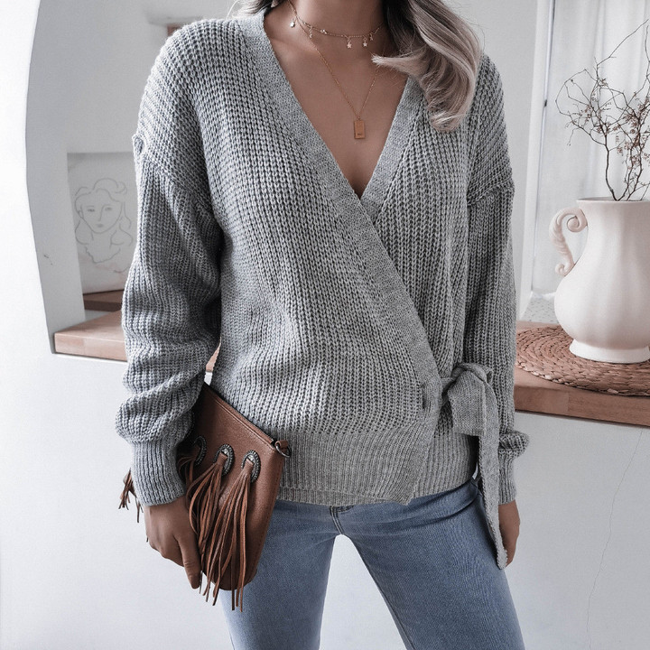 Casual V-neck Lace-up Knotted Sweater Sweaters Women's Clothing