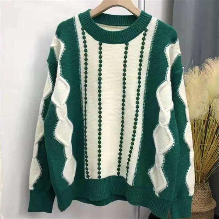 Winter Round Neck Long Sleeve Wave Pattern Color Matching Knitted Pullover Bottoming Shirt Women's Sweater Tide