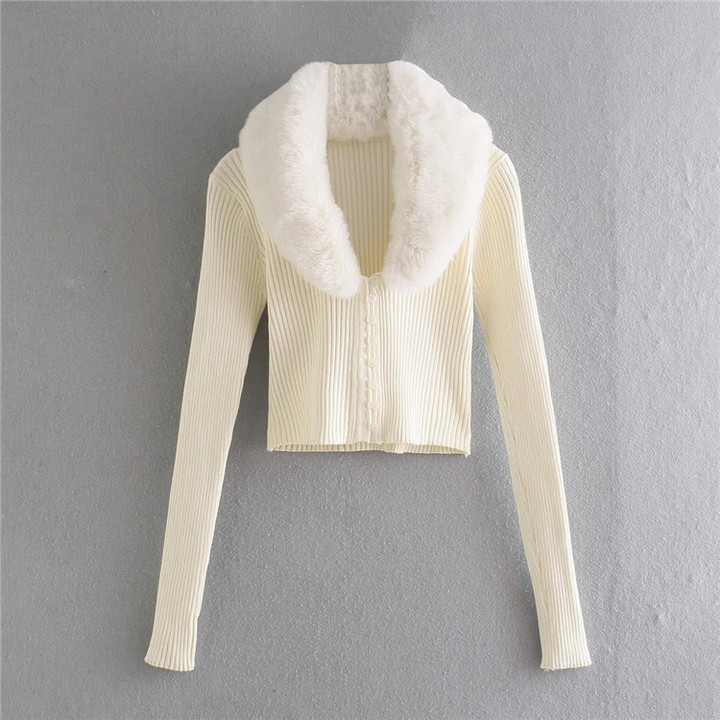 Slim Fit Thin Band Fur Collar Sweater Top Casual Simple Style Solid Color Cardigan