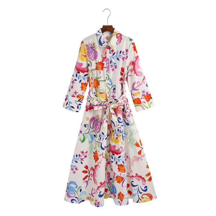 Spring Women's Clothing Long Sleeve Printed Midi Skirt Dress Evening Dresses