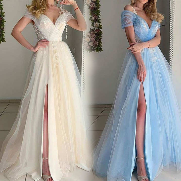Women's Clothing Sexy V-neck Slit Formal Dress Lace Long Evening Dresses