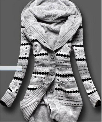 Fleece-lined Thickening Print Hooded Knit Cardigan Coat Source
