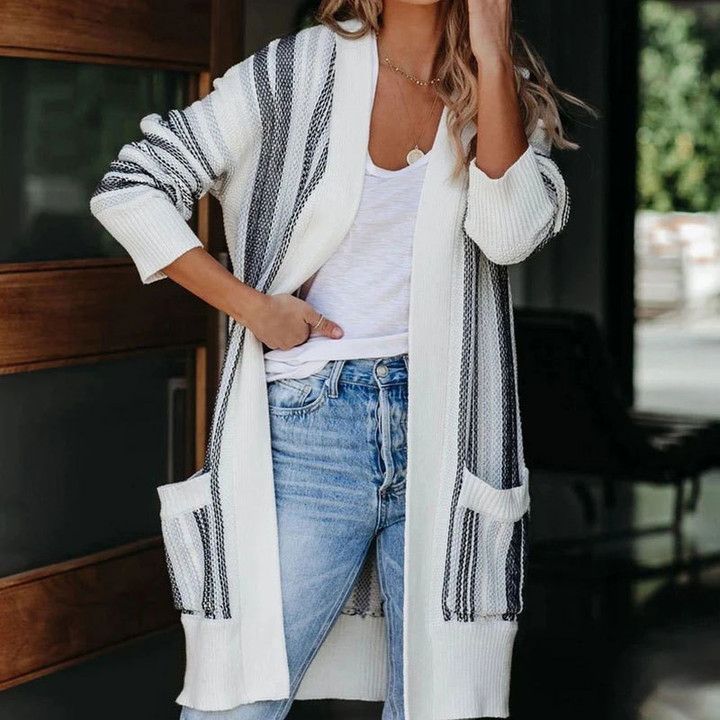 Women's Sweater Loose Mid-length Knitted Coat Color Matching Long Striped Pocket Casual Cardigan