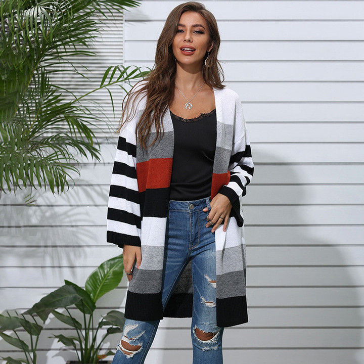 Women's Casual Knitted Cardigan Long Striped Stitching Contrast Color Sweater