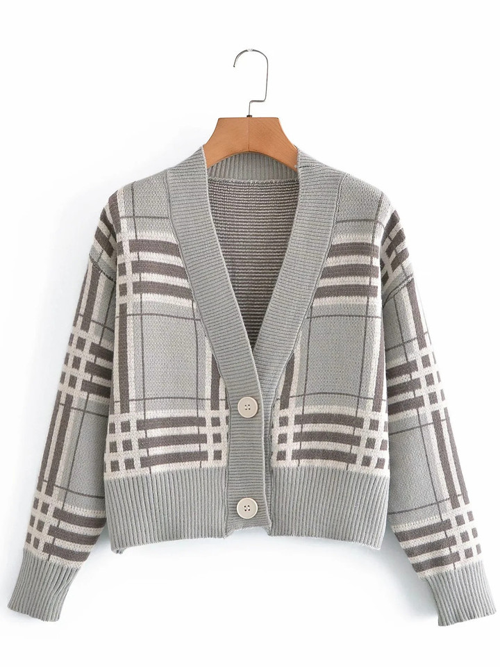 Autumn Slim-fit Plaid Button Decoration V-neck Knitted Cardigan Women's Clothing