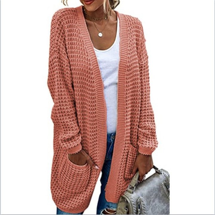 Knitted Sweater Long Cardigan Contrast Color Coat Top
