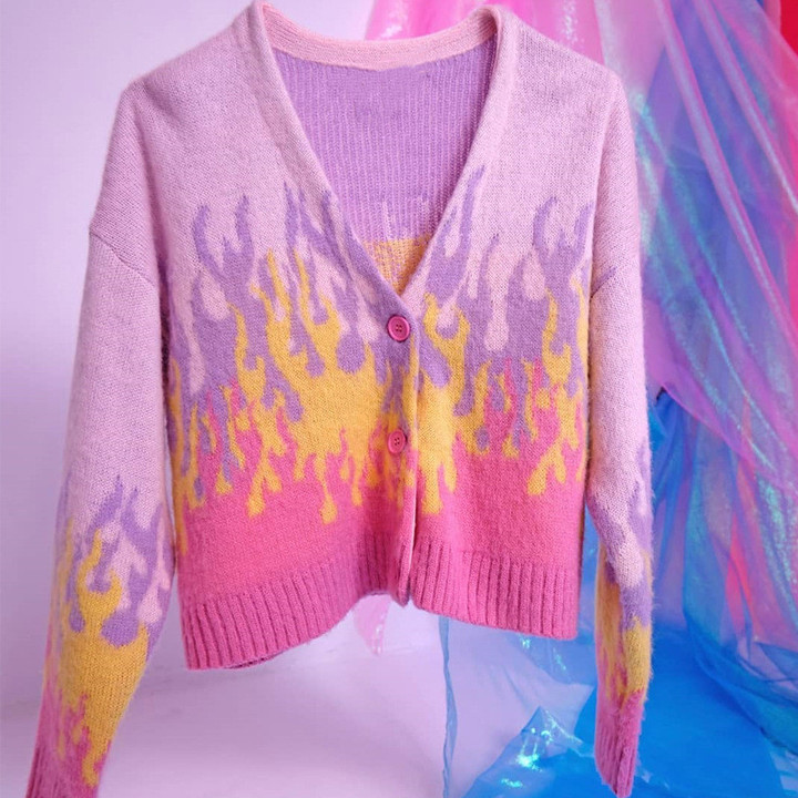 Early Autumn Retro Short Knitwear Pink Purple Flame Gradient Color Loose And Lazy Style Mohair Cardigan
