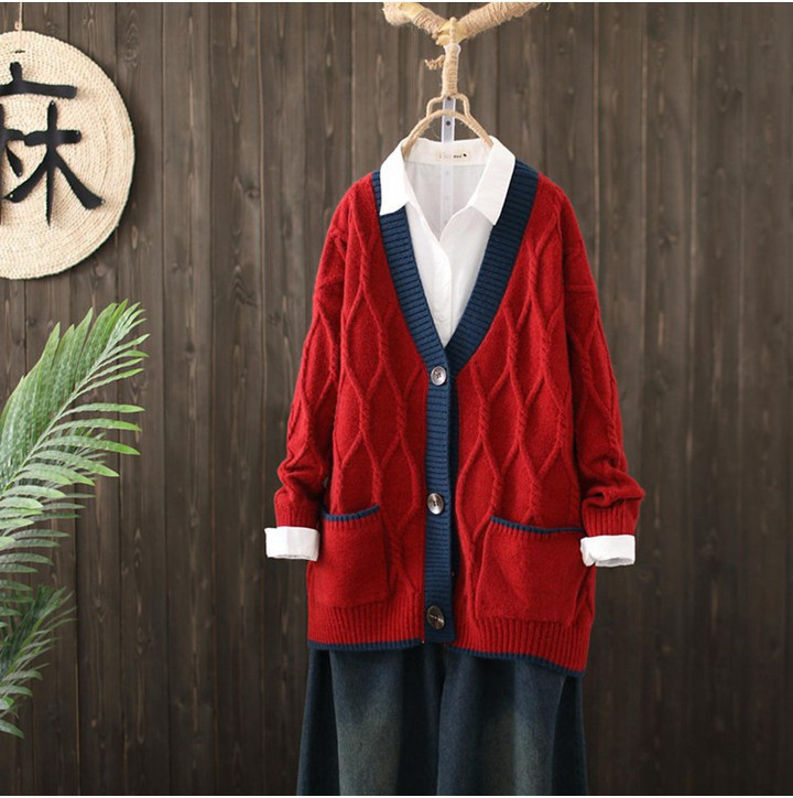 Retro Long-sleeved Sweater Cardigan Women's Loose Color Matching Outer