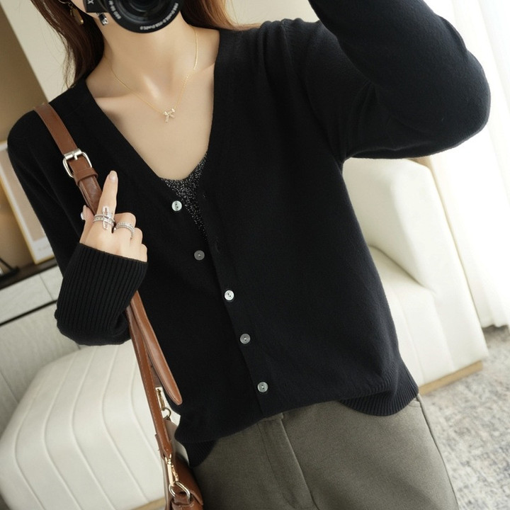 V-neck Knitted Jacket Female Thin Long Sleeve Cardigan Short Top