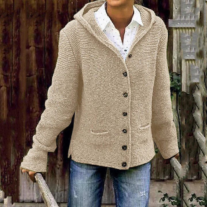 Sweater Solid Color Double Pocket Hoodie Women Knitted Cardigan Coat