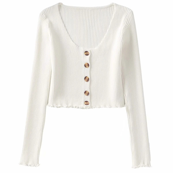 Autumn V-neck Single-breasted Short Slim Long Sleeve Knitwear Women's Wooden Ear Cardigan Sweater Tide