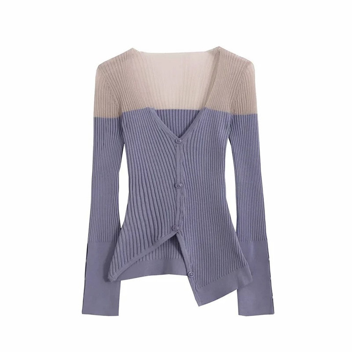Early Autumn Organza Stitching Asymmetric Sweater Irregular V-neck Bottoming Shirt Long Sleeve Cardigan