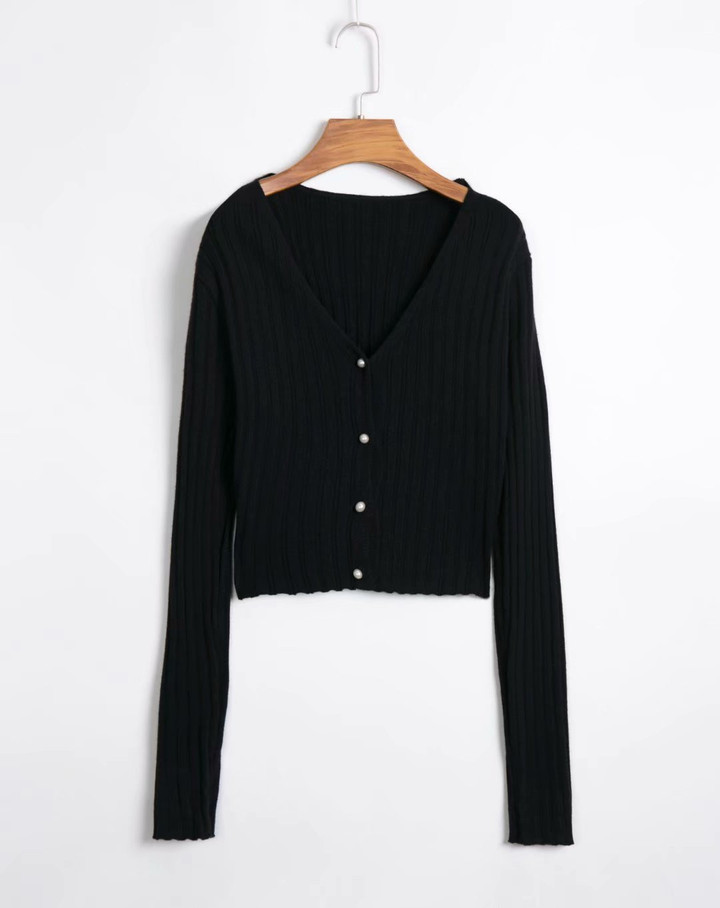 Autumn Sexy V-neck Front Buckle Short Bare Midriff Slim Fit Sweaters Cardigan