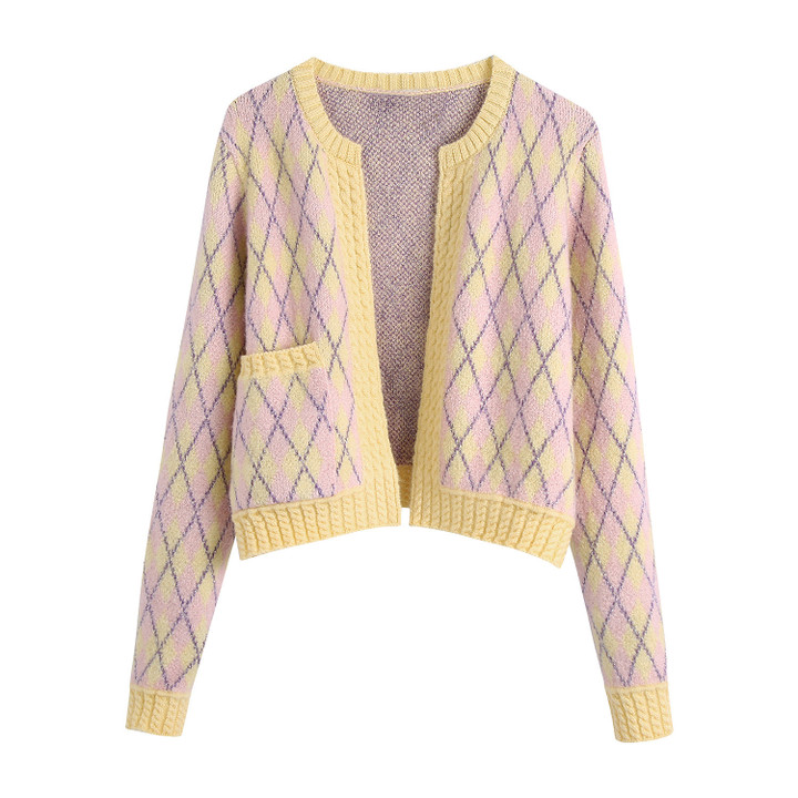 Autumn Metal Color Line Diamond Pattern Knitted Cardigan Coat