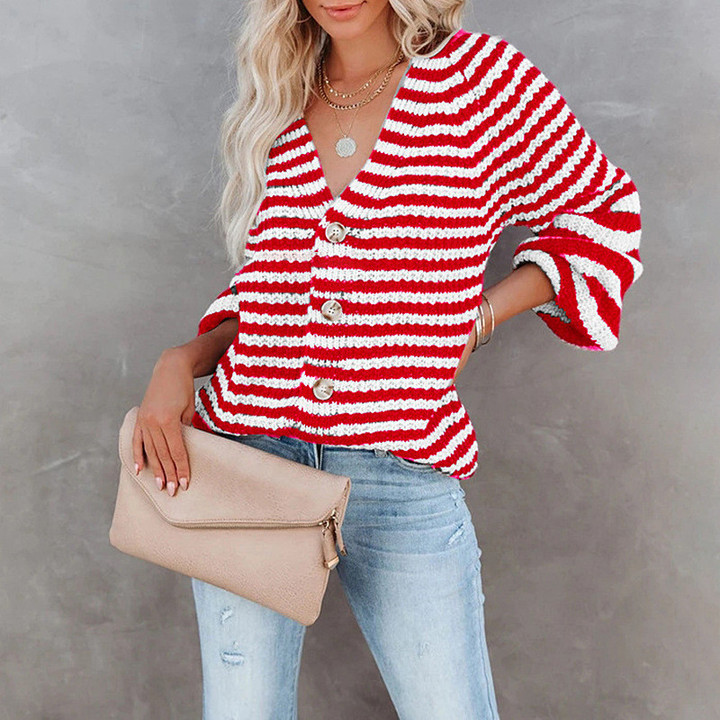 Sweater Lazy Fashion Women's Wear Loose Striped Single-breasted V-neck Cardigan