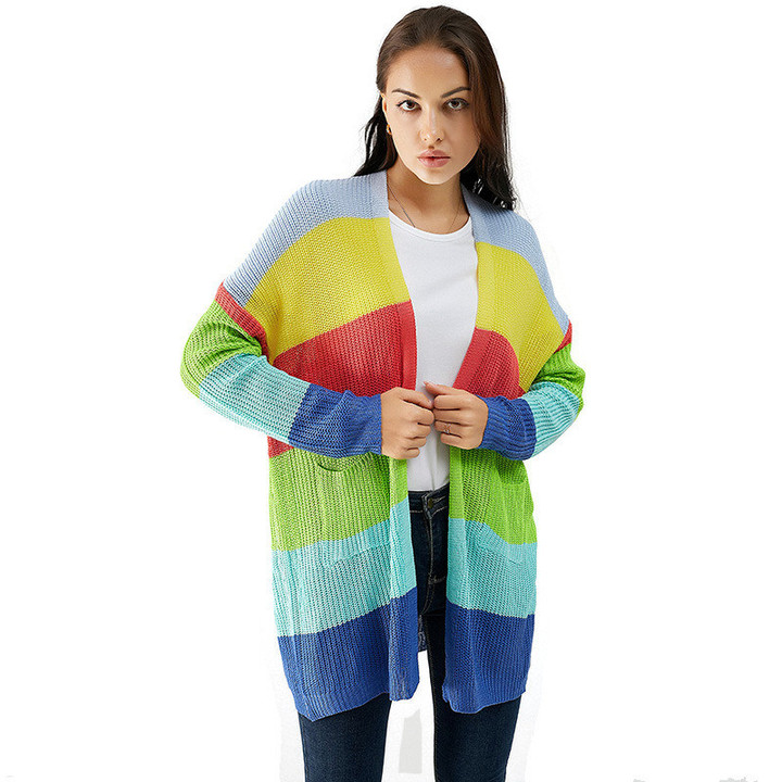Women's Knitwear Contrast Color Striped Long Patchwork Sweater Cardigan
