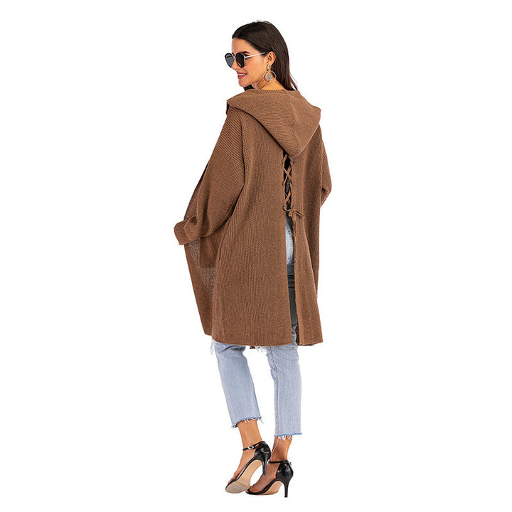 Autumn Loose Solid Color Hooded Cardigan Thin Knitted Sweater Coat For Women