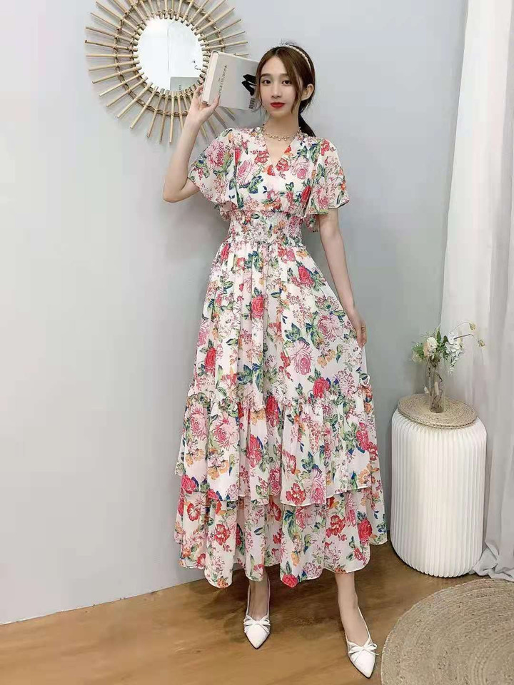 V-neck Short-sleeved Chiffon Printed Large Swing Dress A- Line Skirt Elastic Waist Lined For Women Long Dresses