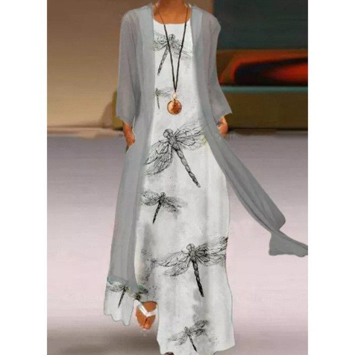 Summer Round Neck Dragonfly Vintage Printed Dress Fake Two-piece Long Skirt Long Dresses
