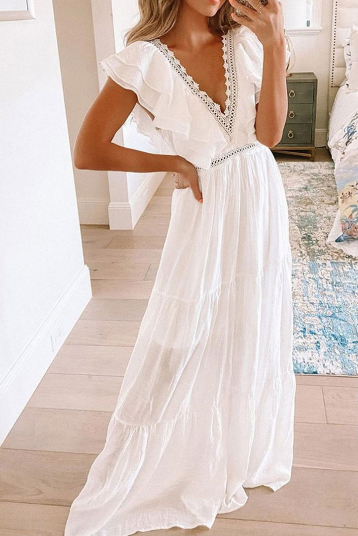 Women's Short-sleeved Dress With White Lace V-neck Long Dresses