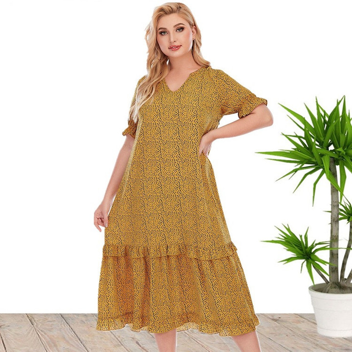Large Size Women's Clothing Summer Small V-neck Short Sleeve Printed Loose Long Dress